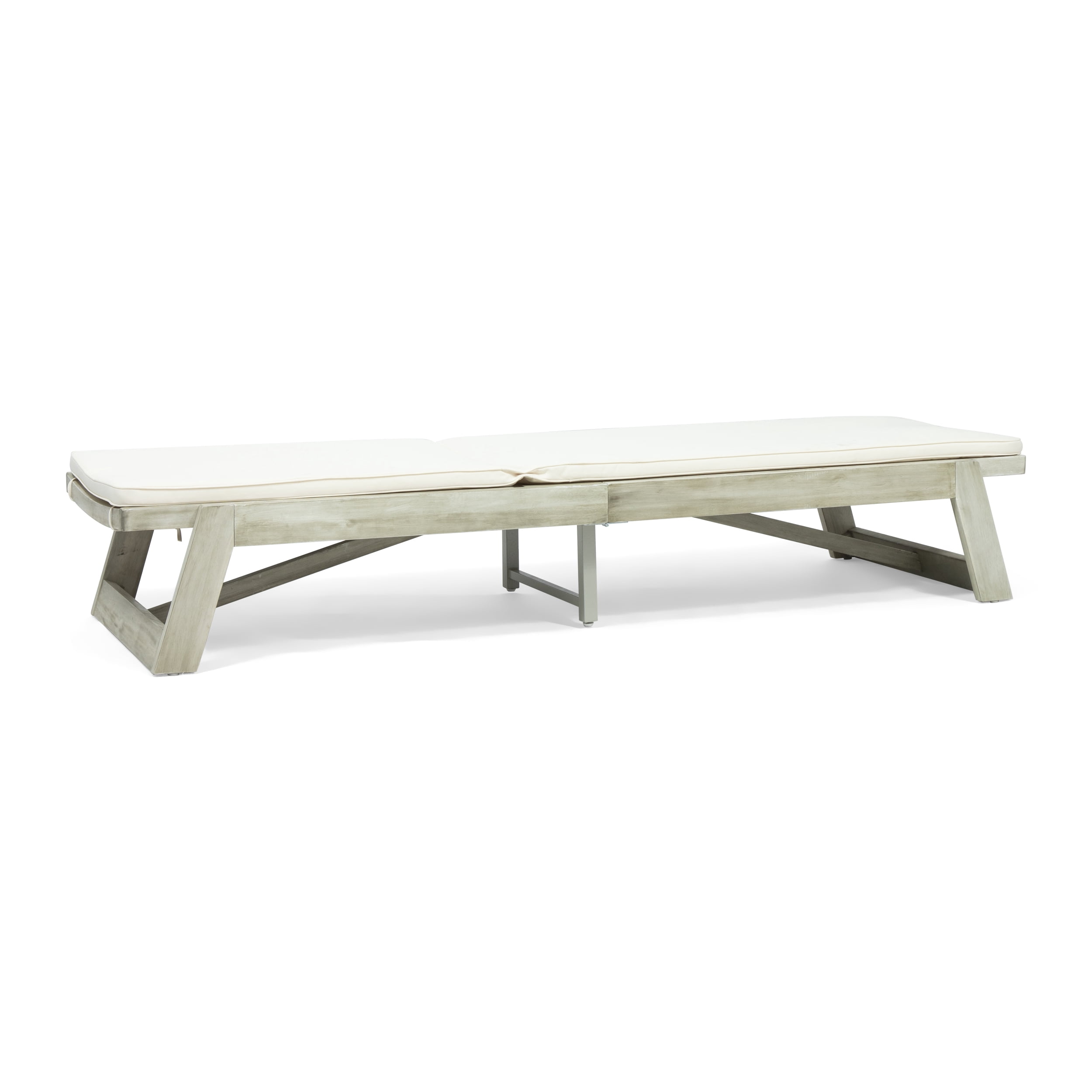 Cullen Outdoor Acacia Wood Chaise Lounge and Cushion Set, Light Gray and Cream