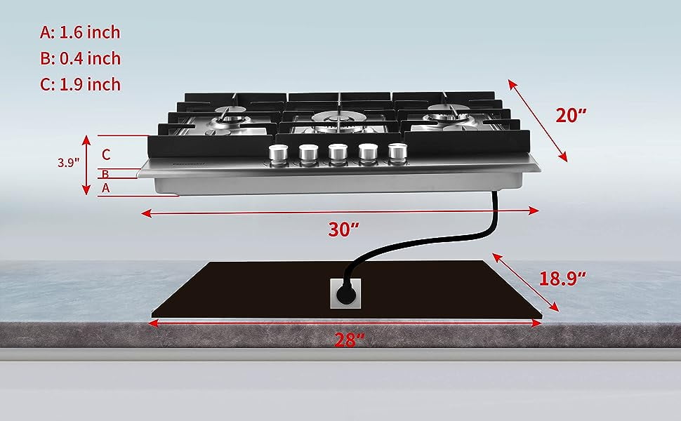 30 inch Gas Cooktop Gas Stove Top w/ 5 High Efficiency Burner Bulit-in Stainless Steel Gas Stoves for Kitchen NG/LPG Convertible Thermocouple Protection