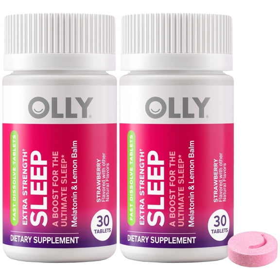 OLLY Extra Strength Sleep Fast Dissolves 2-Pack, 5mg Melatonin, Lemon Balm, Vegan, Strawberry, 30 Ct Ea