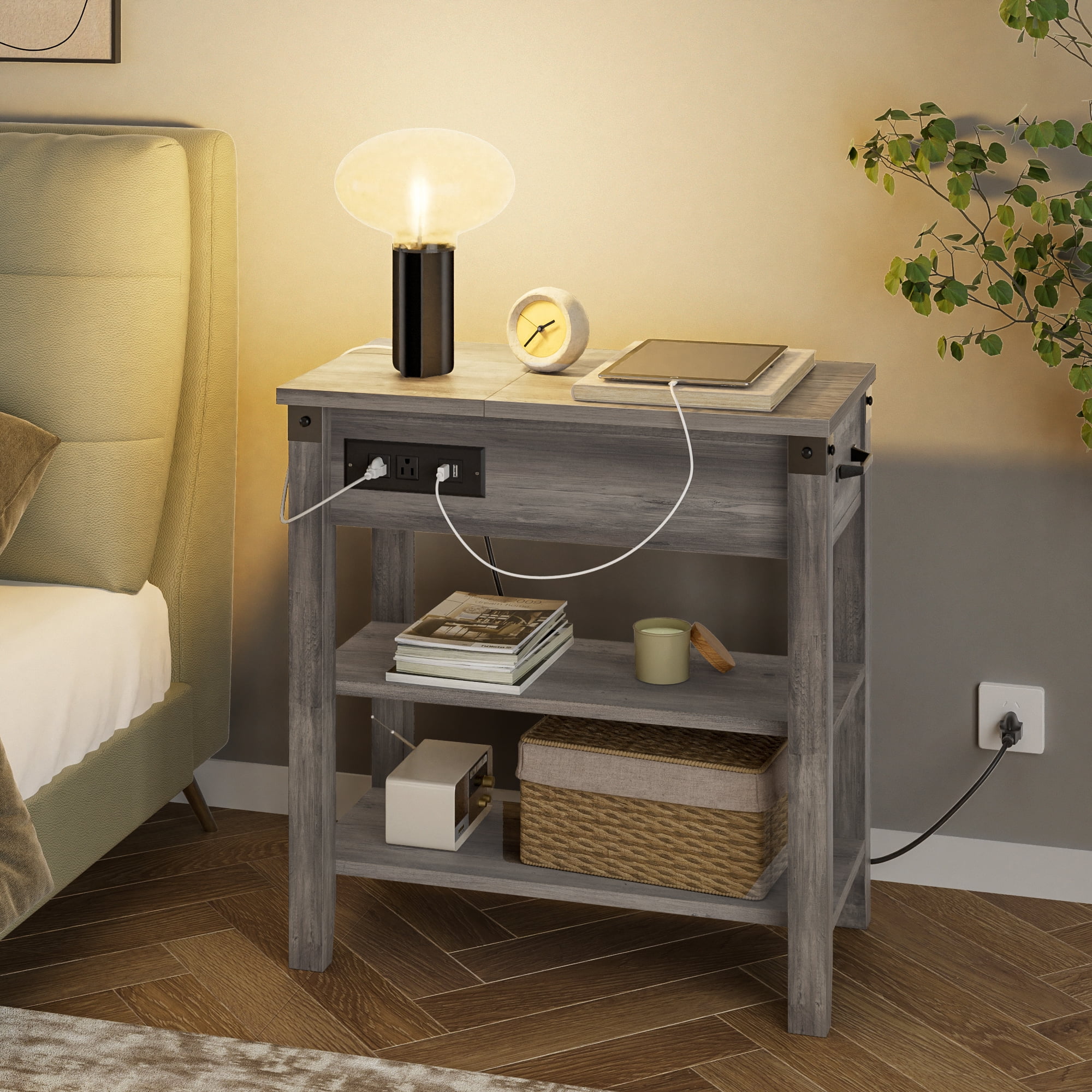 WhizMax End Table with Charging Station, 3-Tier Narrow Side Table with Drawer and Storage End Table Wood Farmhouse Bed Side Table/Night Stand for Living Room Bedroom Office (Rustic Grey)
