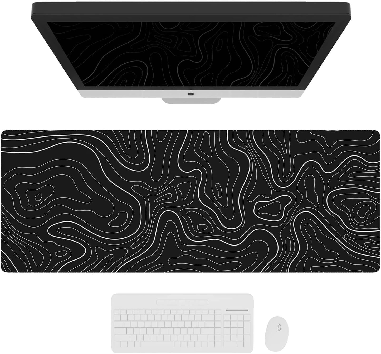 Large Gaming Mouse Pad with Stitched Edges, Topographic Map Topo Mousepad Gaming, Extended XL Large Mousepad with Anti-Slip Base, Cool Mouse Pads for Desk, 31.5 x 11.8 in, Black