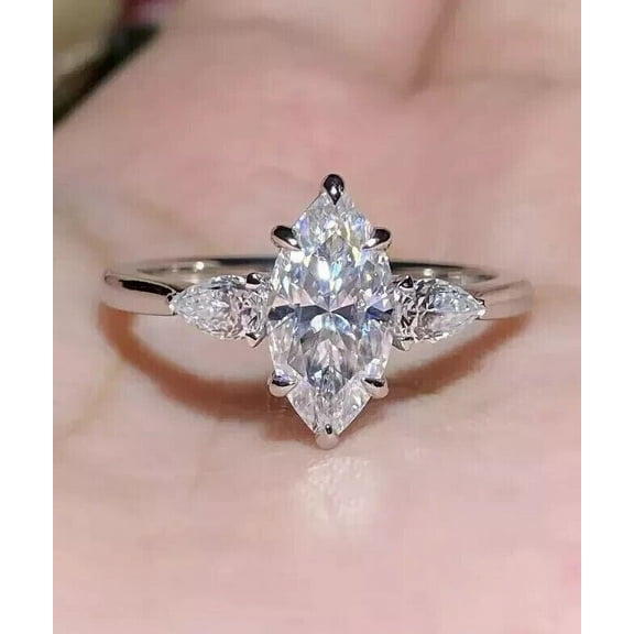 3CT Marquise Cut Lab Created Created Diamond Women's Engagement Ring 14K White Gold Plated Sterling Silver