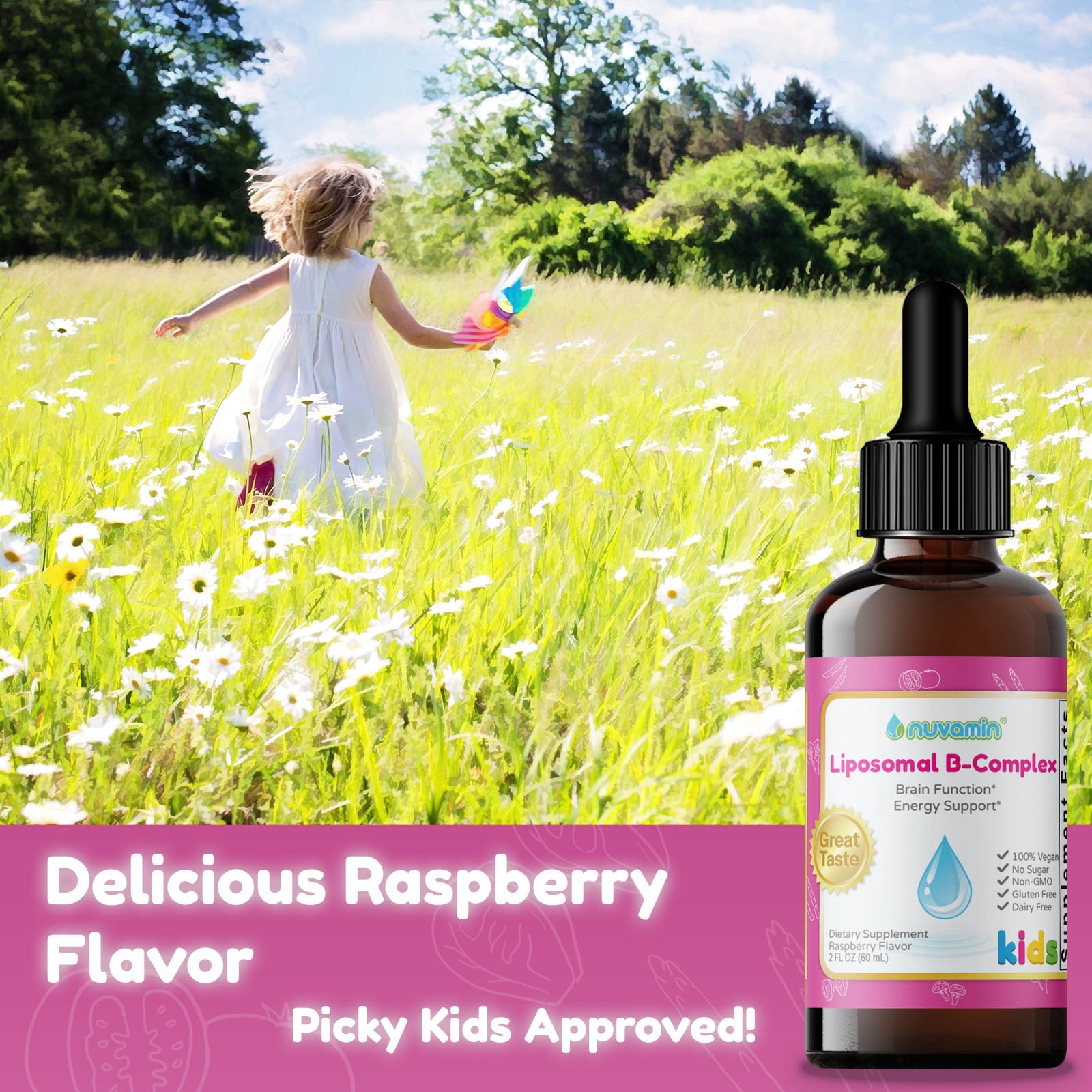 Nuvamin – Liquid Liposomal B-Complex Drops for Kids Baby Toddlers & Adults, 2Fl.Oz (60ml), 120 Daily Serving. B1, B2, B3, B5, B6, B7, B9, B12 Great Taste - Natural - High Absorption, Raspberry Flavor