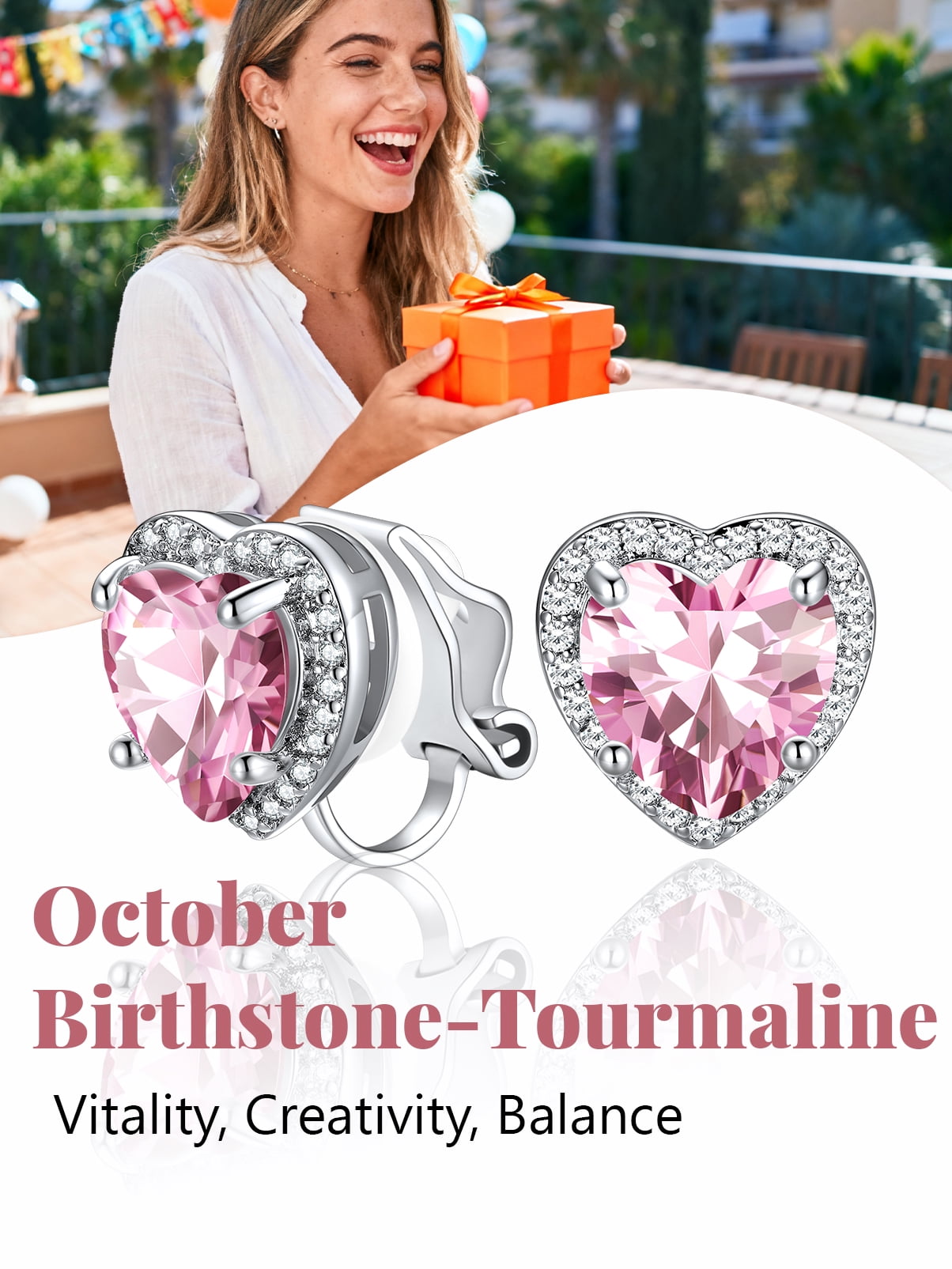 Silvora Clip on Earrings for Women October Pink Tourmaline Heart Birthstone Non Pierced Earring Jewelry Gift for Daughter Birthday Thanksgiving