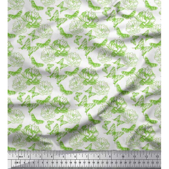 Soimoi Crepe Silk Fabric Butterfly & Peony Floral Printed Craft Fabric by the Yard 42 Inch Wide