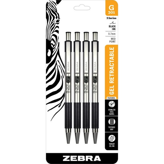 Zebra G-301 Stainless Steel Retractable Gel Pen, 0.7mm, Black Ink, 4-Pack