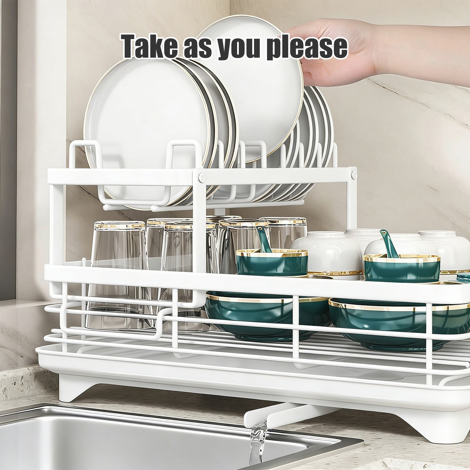 Dish Drying Rack Carbon Steel 2 Tier Draining Rack, Bowl Plate Chopstick Storage with Water Drain Tray, Countertop Dish Organizer for Kitchen Sink and Counter
