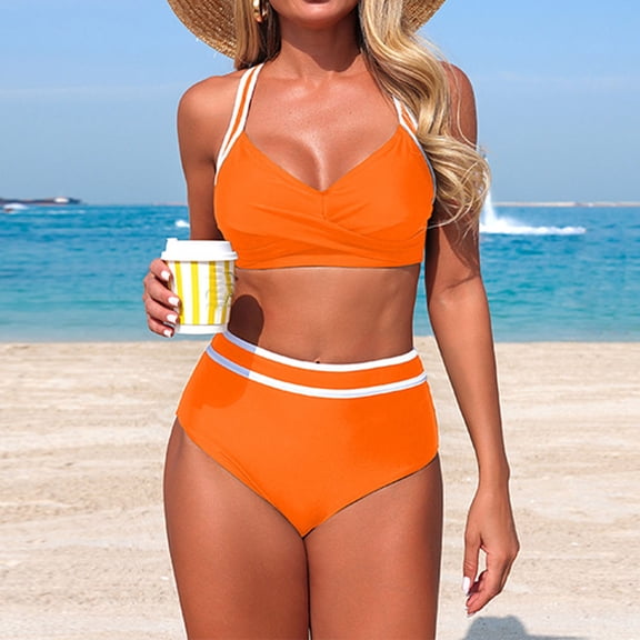 Pounoo Color Block Bikini Sets for Women V Neck High Waist Tummy Control Summer Beach Swim Bathing Suits 2 Piece Sporty Swimsuit Gift