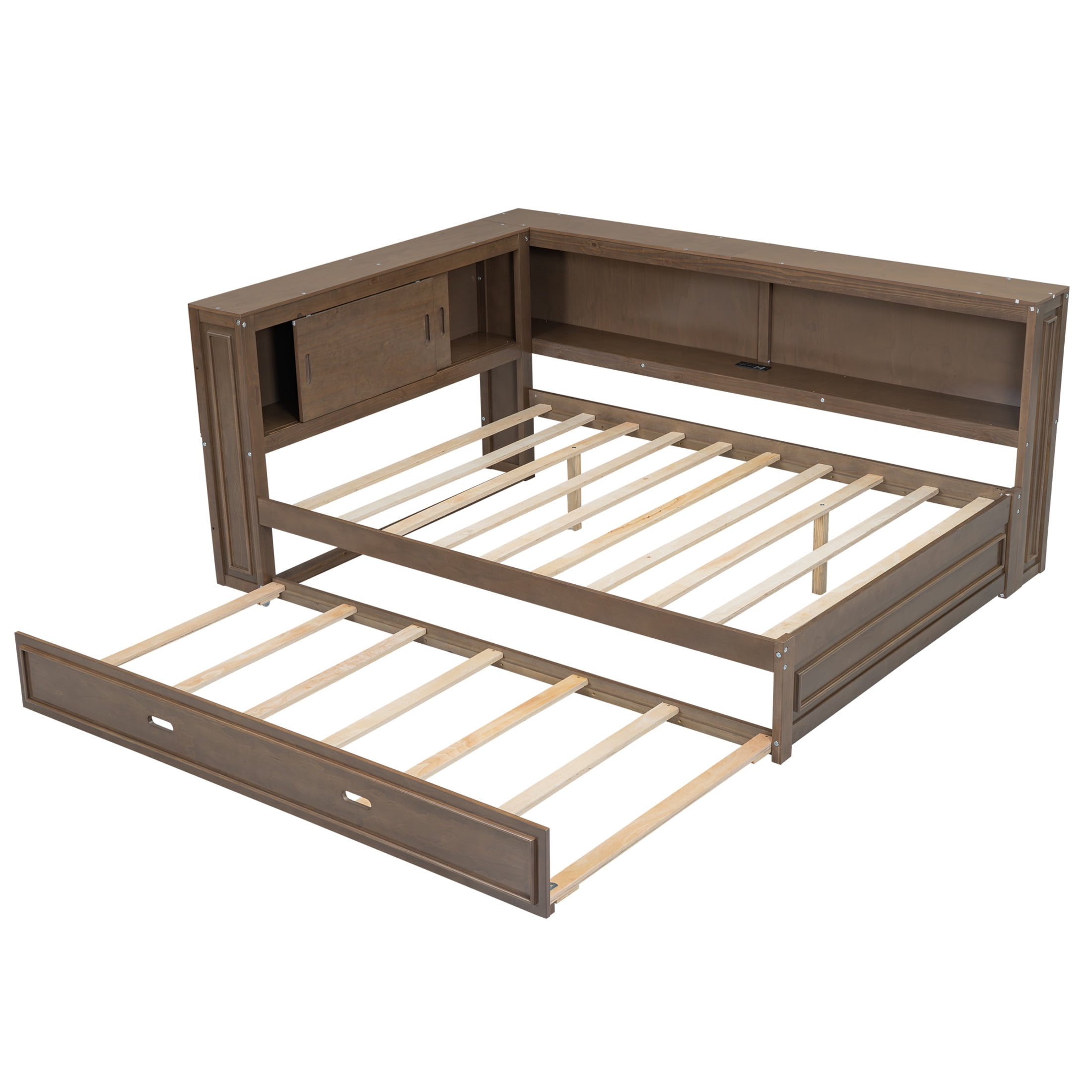 Noble House Sheila Full Wood Daybed with Trundle and LED Lighting, Storage Shelves, USB Charging Port, Antique Wood