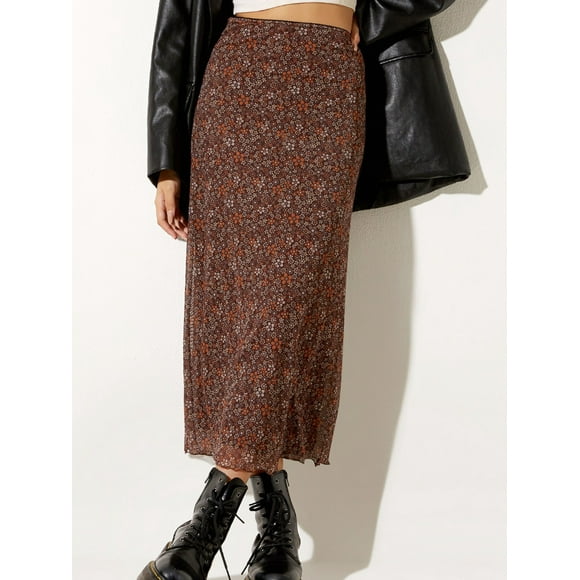 AnQingLueLv Vintage Y2k Floral Long Skirt Women Retro Print Mesh Patchwork Slim High Waist Elegant A-line Midi Skirt 90s Aesthetic