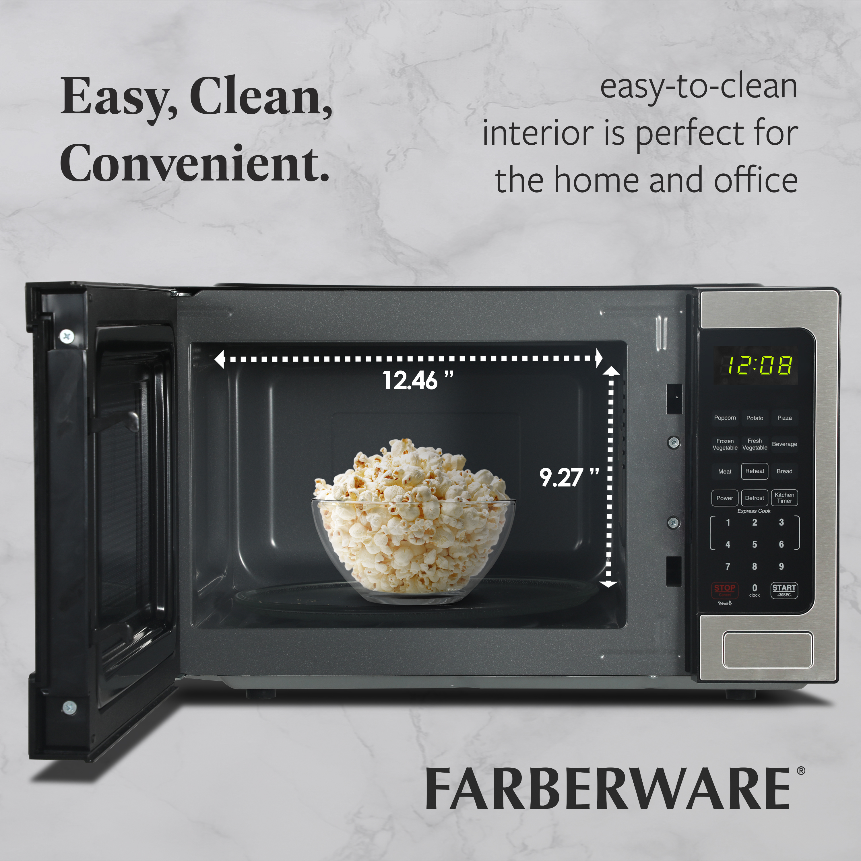 Farberware 0.9 cu ft Microwave Oven, 900W Countertop Microwave Oven with 8 Auto Cook Settings, Stainless Steel