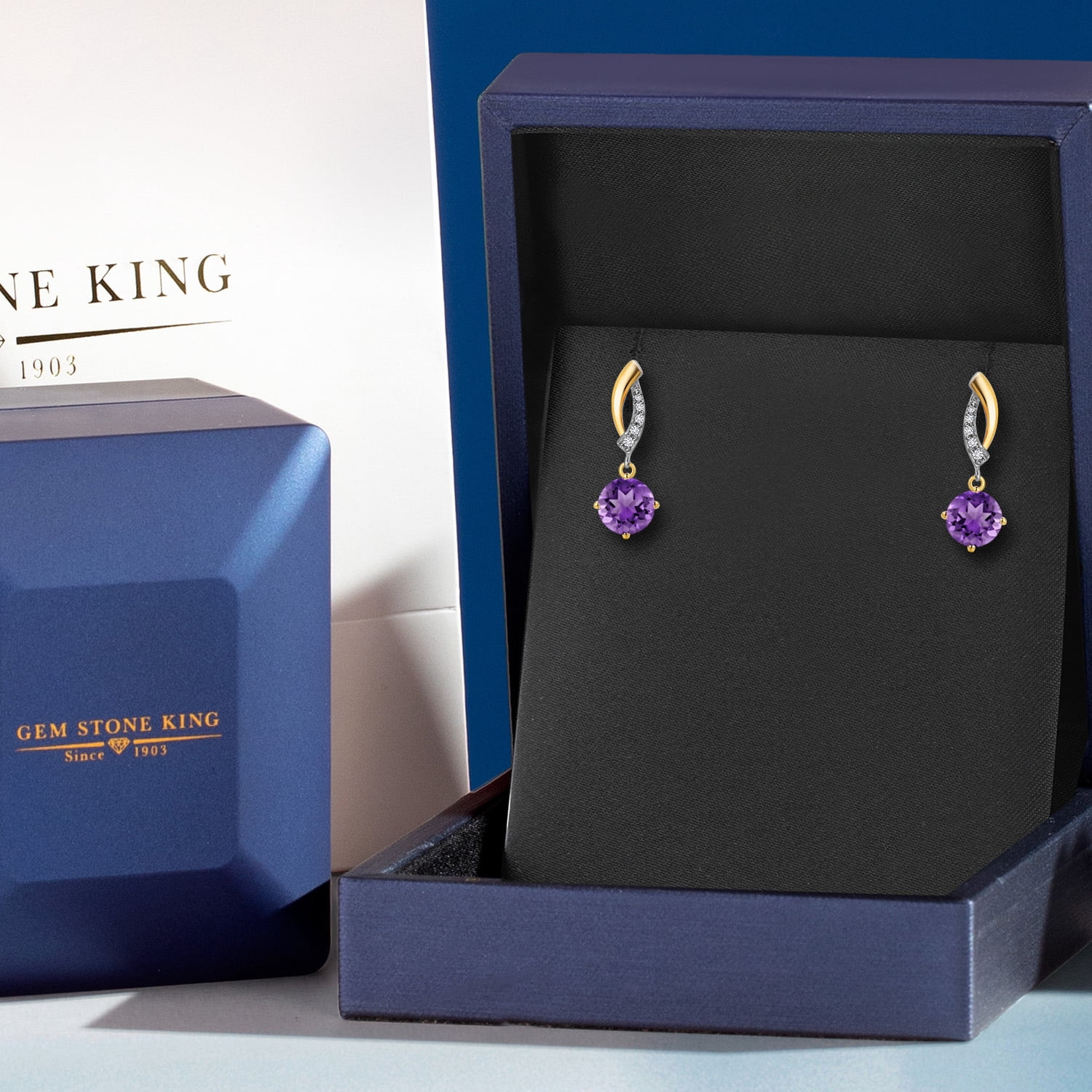 Gem Stone King 925 Silver and 10K Yellow Gold Purple Amethyst and White Lab Grown Diamond Dangle Earrings for Women | 2.05 Cttw | Gemstone February Birthstone | Round 6MM