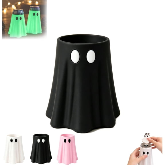 Ghost Can Holder, Halloween Ghost Figurine Table Decor, Cute Ghost Drink Cooler Sleeve with Bottle Opener, Universal Beverage Holder for Slim Cans, Spooky Party Decor