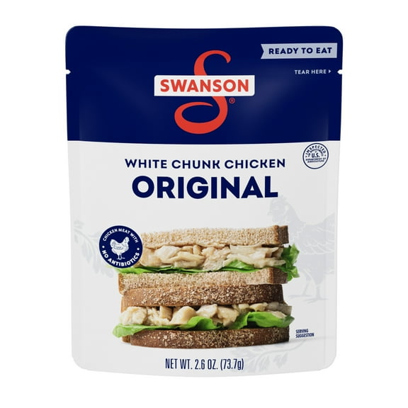 Swanson Original White Chunk Fully Cooked Chicken, Ready to Eat, Simple on-the-Go Meals, 2.6 oz Pouch