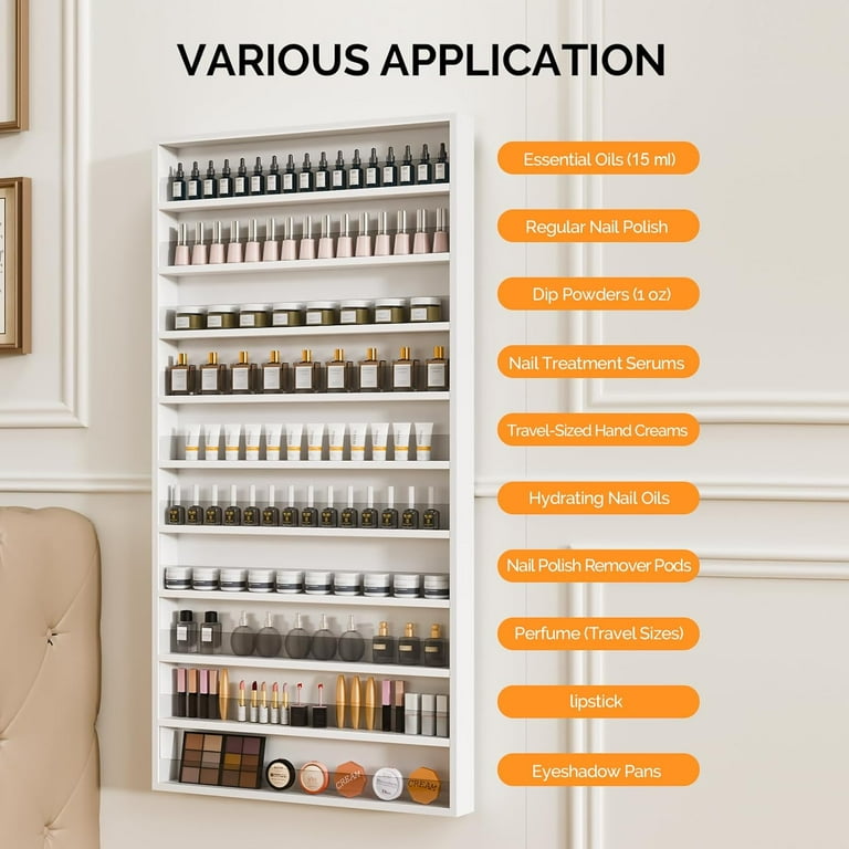 BHUIK 6/10-Tier Nail Polish Rack Wall Mounted, Wooden Nail Polish