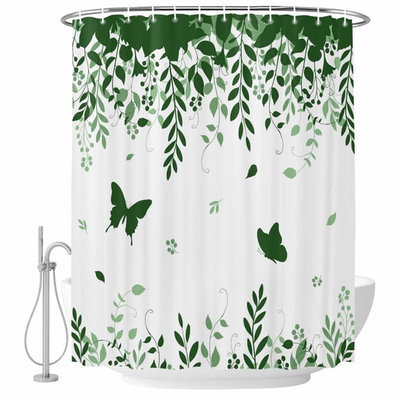 Green Spring Botanical Shower Curtain, Waterproof Shower Curtains for Bathroom, Weeping Eucalyptus Butterfly Washable Fabric Bathtub Curtain Set Bath Decor with 12 Hooks Long 72"x84"