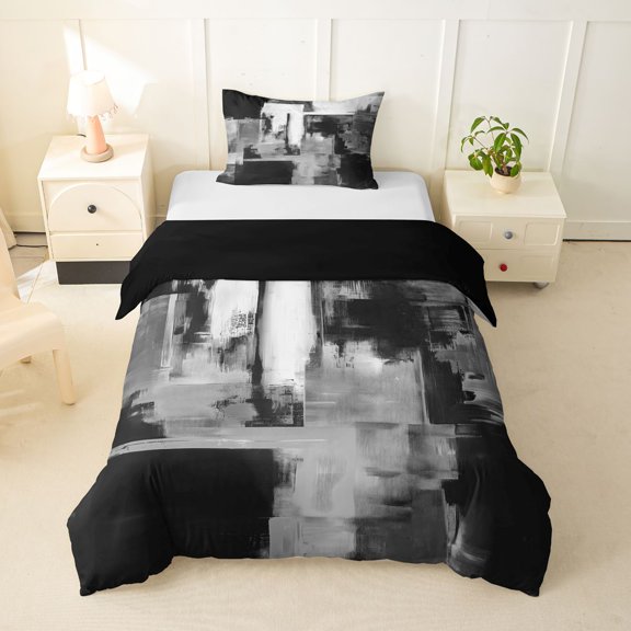 Homewish Watercolor Block Twin Duvet Cover,Abstract Grunge Twin Bedding,Gray,Black Reversible,2-Piece,1 Duvet Cover and 1 Pillowcase