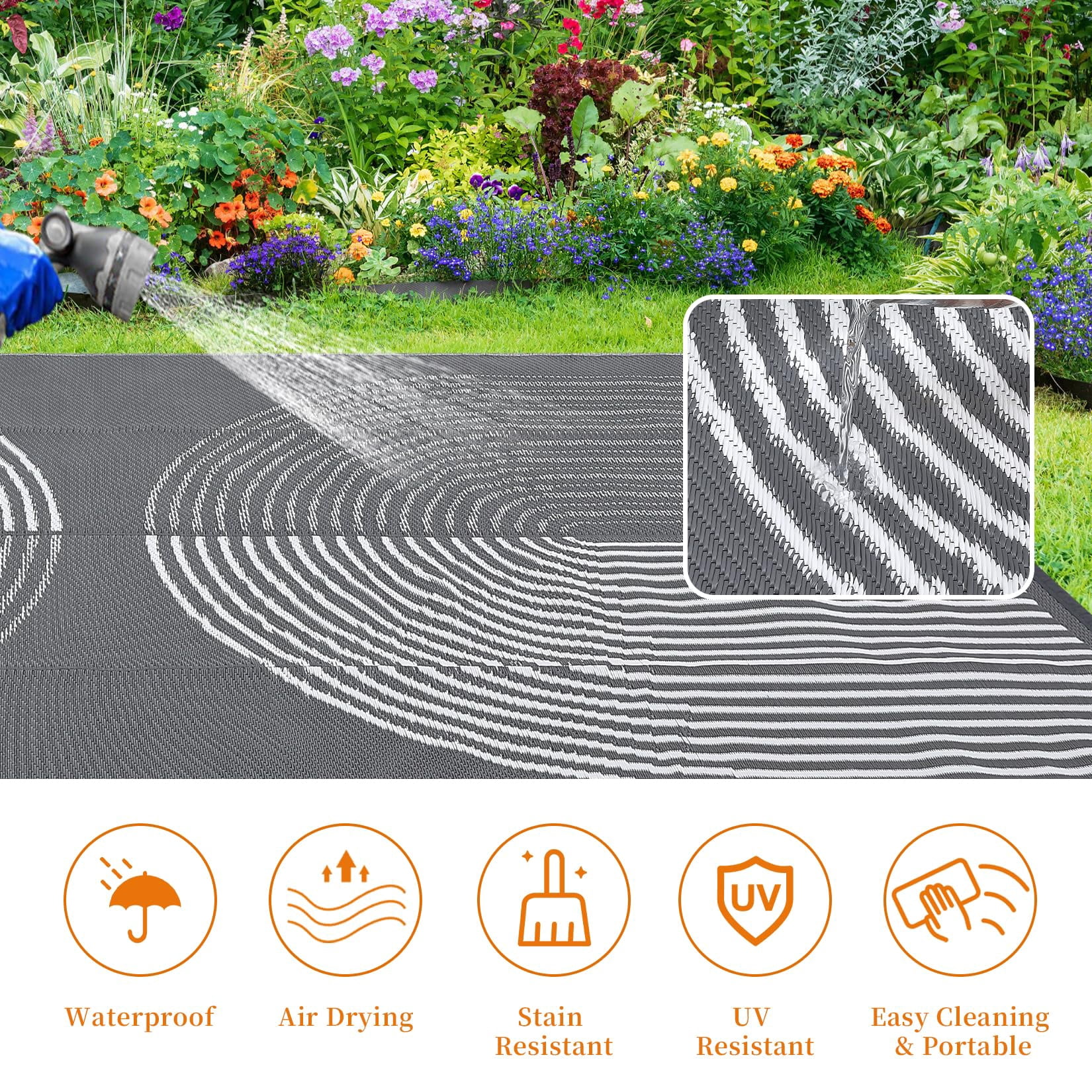 Kicctian Outdoor Rug 8x10 Ft Patio Waterproof, Outdoor Patio Rug Plastic Straw Outdoor Carpet, Large Modern Area Rug Carpet for Camping Poolside RV, Easy to Clean, Grey & White