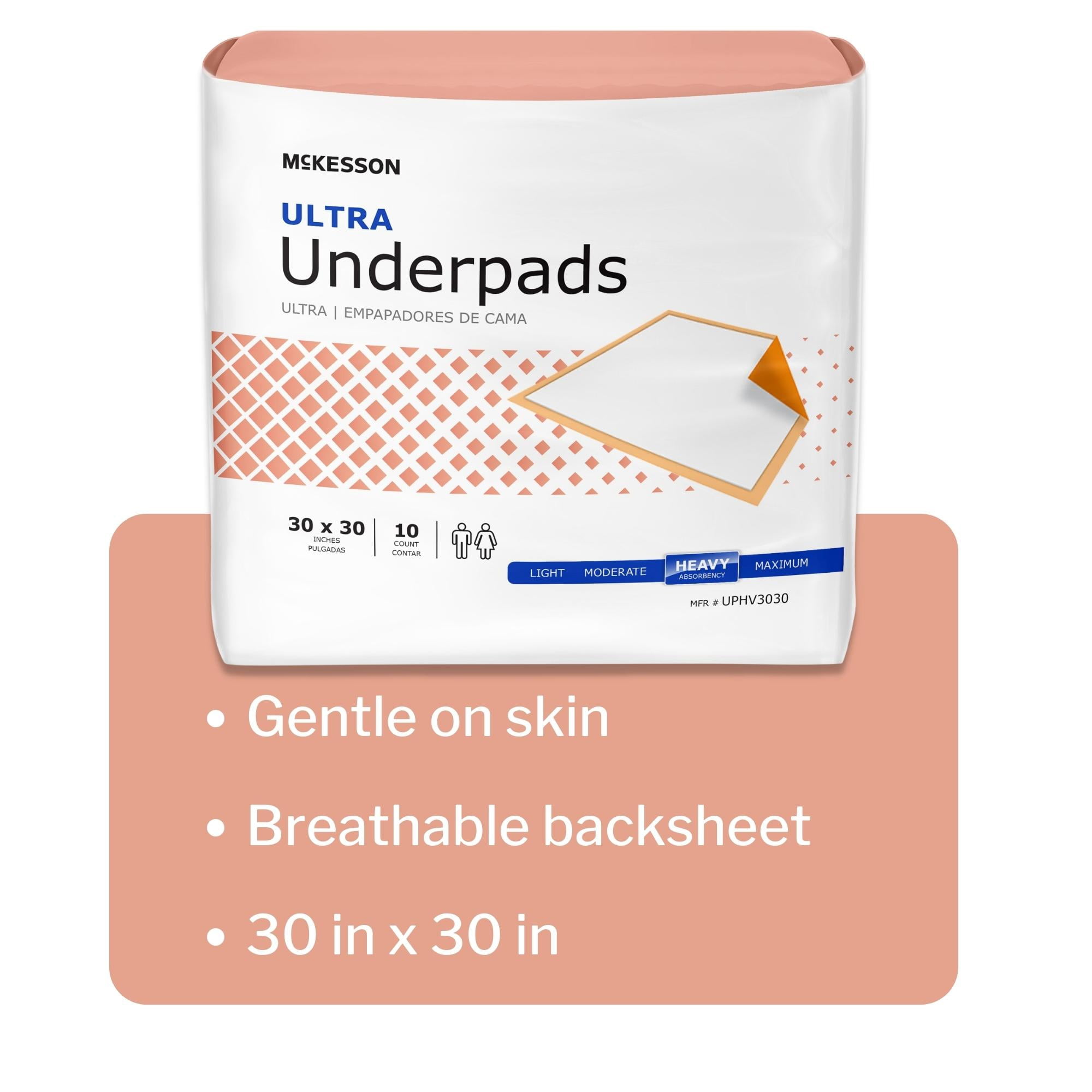 McKesson Ultra Underpads, Incontinence Bed Pads, Heavy Absorbency, 30 in x 30 in, 100 Count