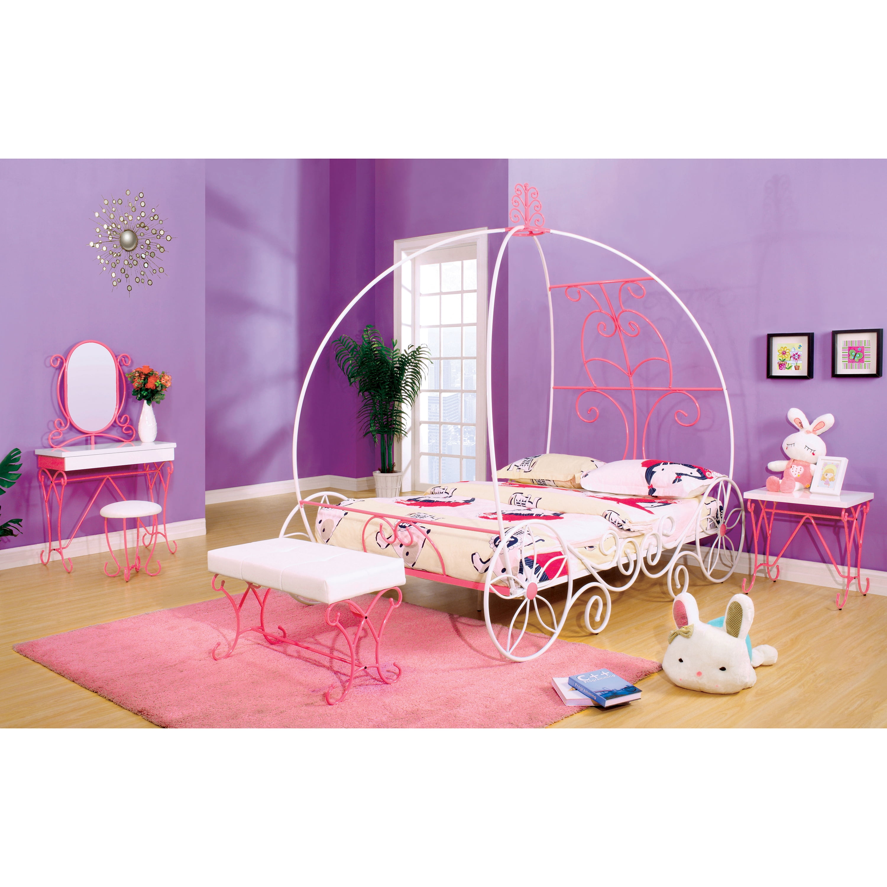 Furniture of America Omar Panel Metal Pink and White Twin Kids Carriage Bed