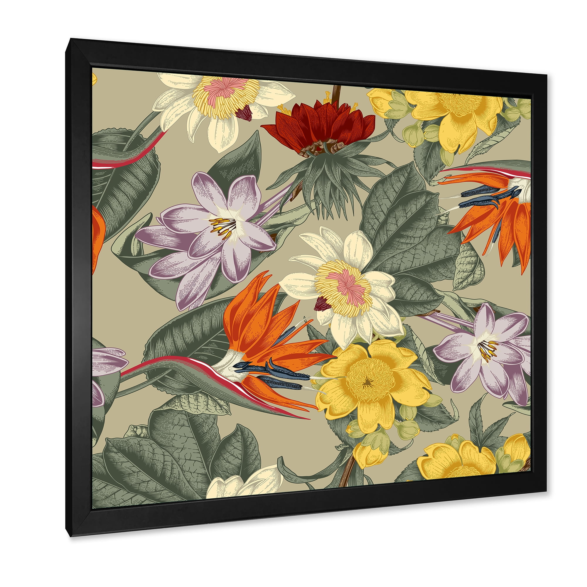 Designart 'Ancient Exotic Flowers In Orange and Yellow' Traditional Framed Art Print