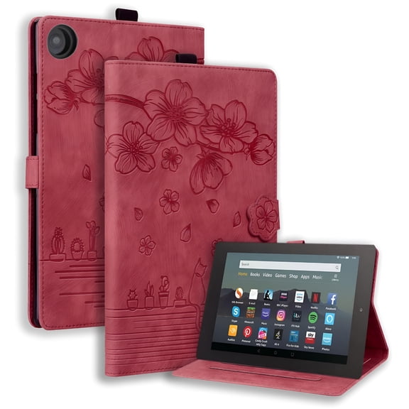 GJX Case for 10.1" Tablet, Pencil Holder / Card Slots / Adjustable Stand / Magnetic Clasp / Embossed Flower PU Leather Folio Wallet Case - Winered