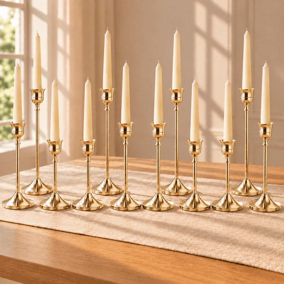 12 Pcs Gold Candlestick Holders, Vintage Metal Taper Candle Stands for Fireplace, Wedding Table Decor & Housewarming Gift