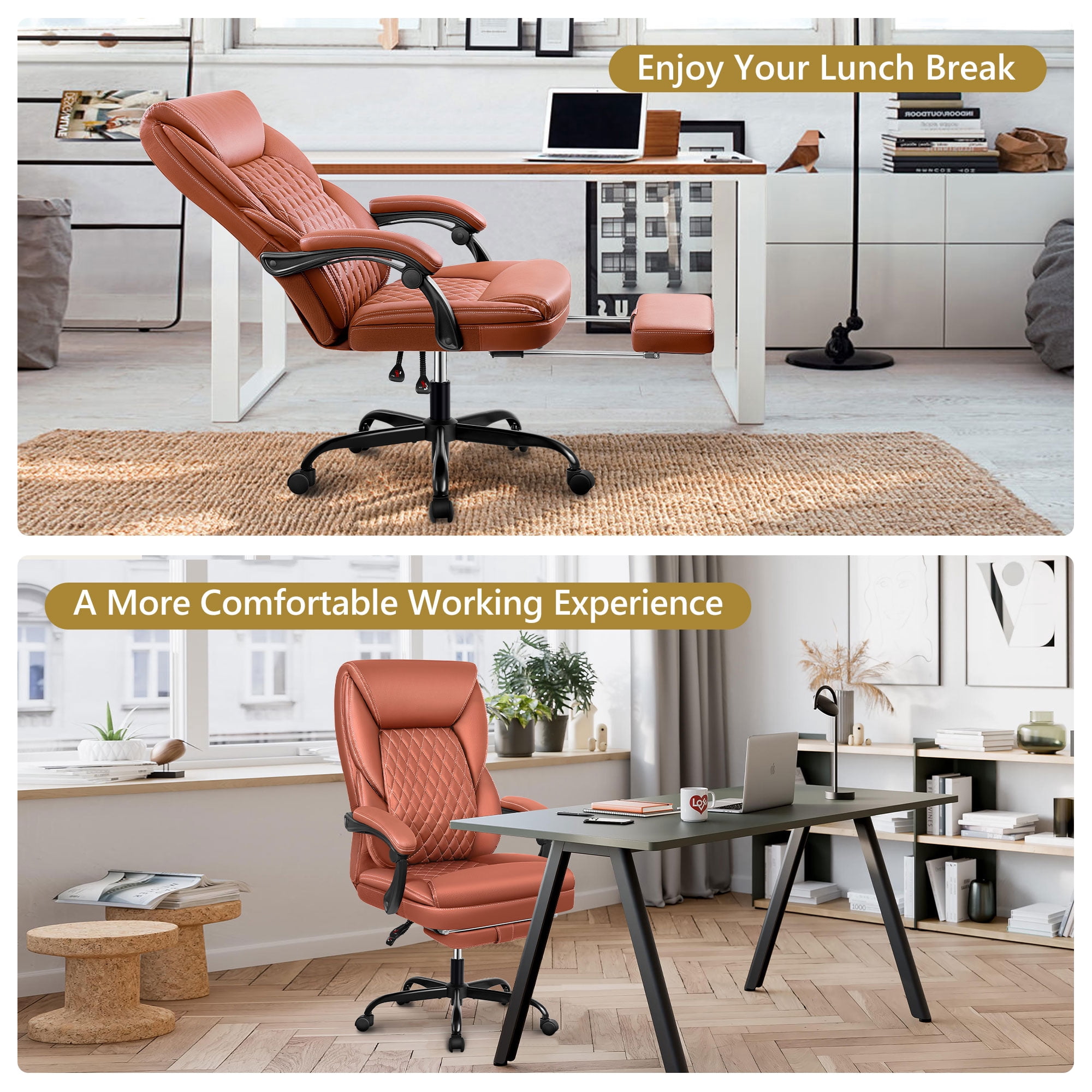 Primy Office Chair with Retractable Footrest, Ergonomic High Back Executive Computer Desk Chair, Big & Tall PU Leather Reclining Chair for Home Office Work