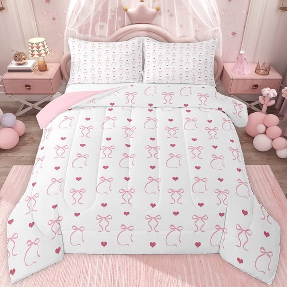 jejeloiu Kawaii Cartoon Bowtie Twin Comforter Sets,Dreamy Pink Loves Bedding Set For Girl Kids Reversible 2-Piece