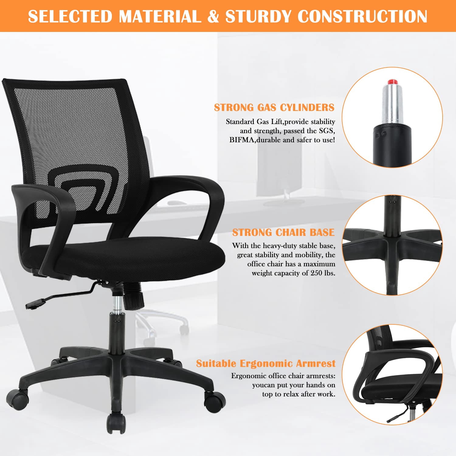 CL.HPAHKL Mesh Computer Desk Chair, Ergonomic Office Chair with Lumbar Support & Armrests Mid Back Swivel Rolling Task Chair for Home Office Study Gaming, Black