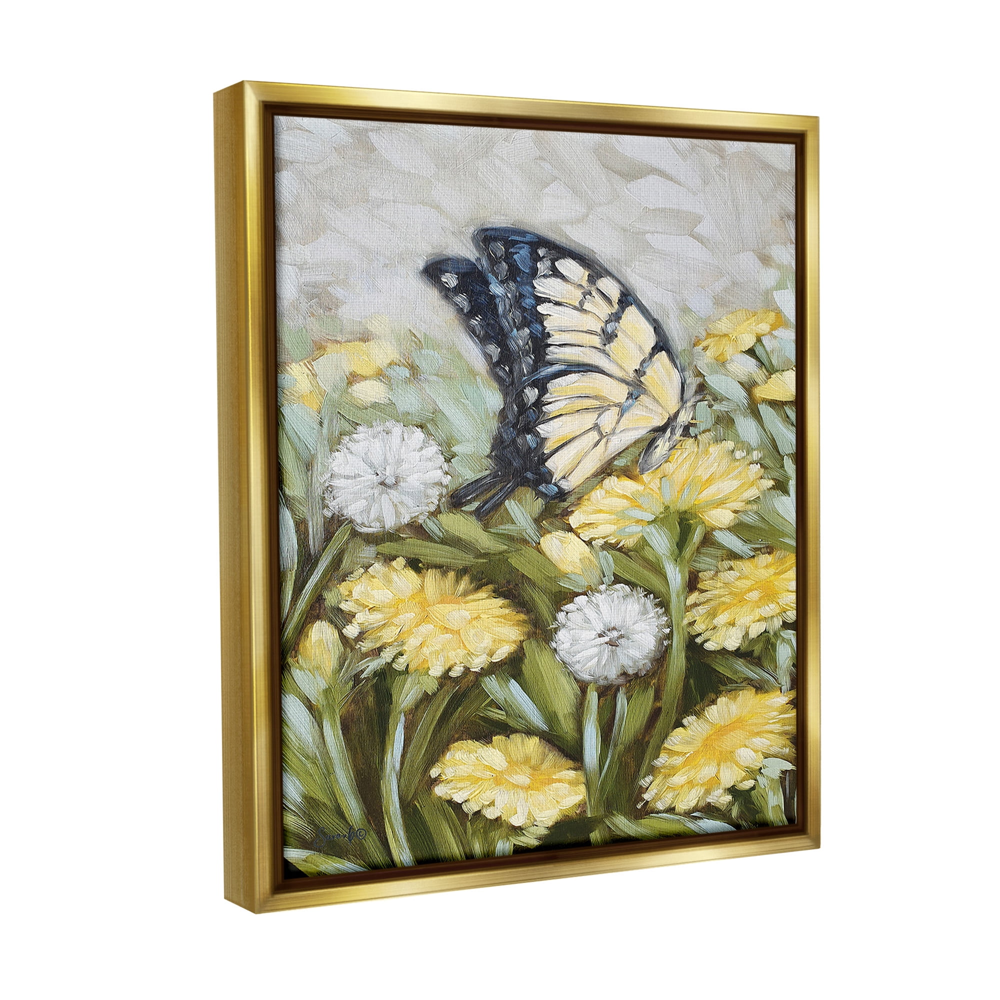 Stupell Industries Butterfly & Yellow Daisies Botanical & Floral Painting Gold Floater Framed Canvas Art Print Wall Art, 25 x 31
