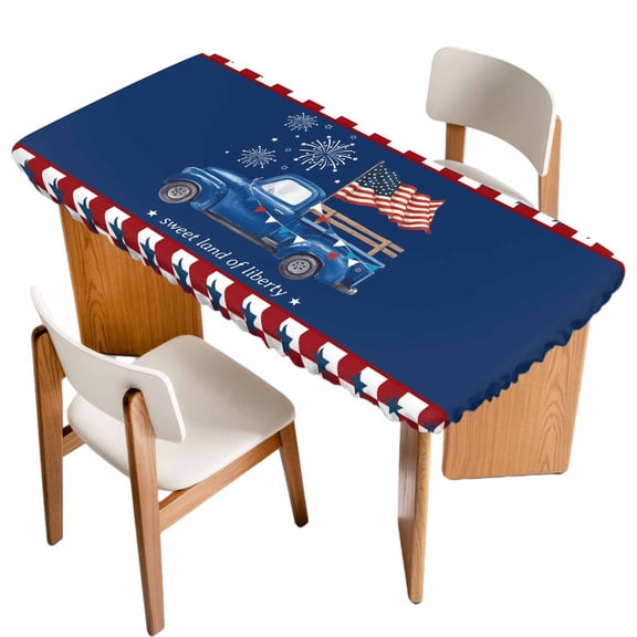 Independence Day Table Cloths for 4 Foot Rectangle Tables, Blue Truck Star Usa Flag Red White Plaid Patio Waterproof Elastic Fitted Tablecloths, Washable Rectangular Table Cover for Camping