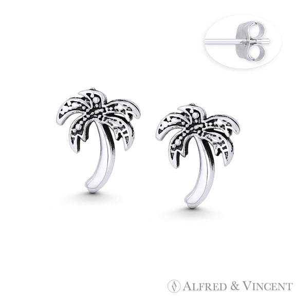 Tropical Palm Tree Tropical Life Charm Stud Earrings in Oxidized .925 Sterling Silver