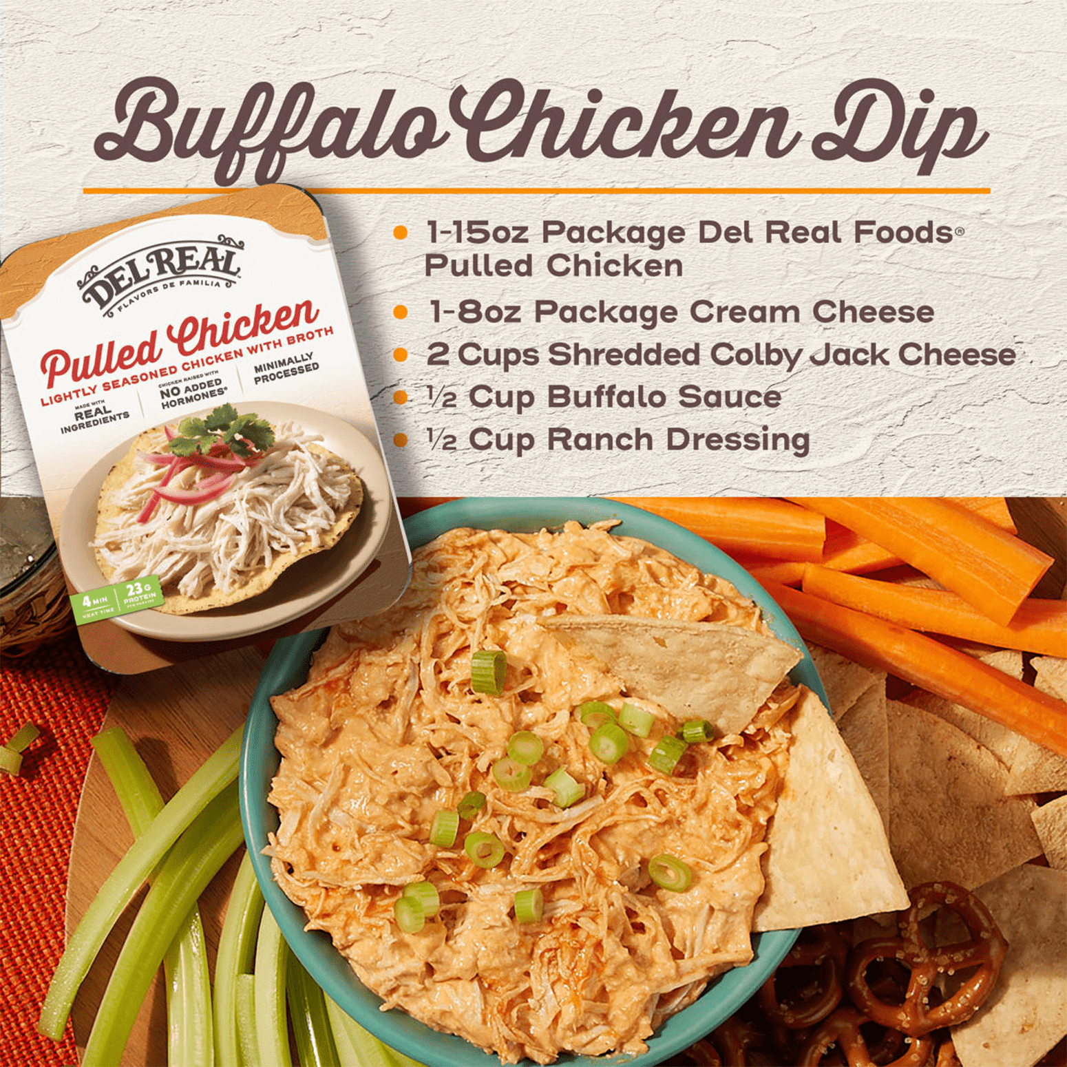 (3 pack) Del Real Foods Seasoned Pulled Chicken, Pollo Deshebrado, 15 oz (Cooked)
