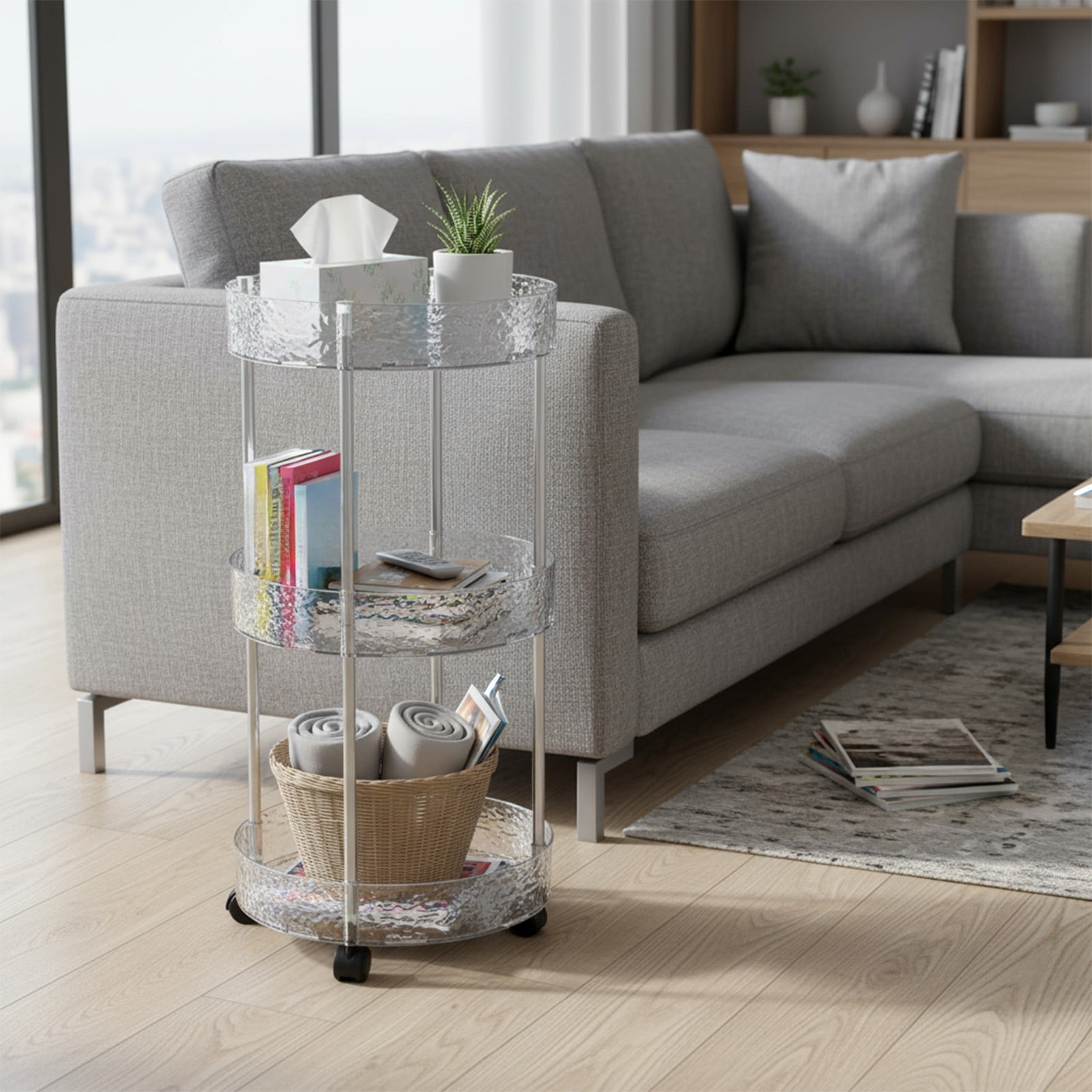 3 Tier Floor Storage Rack with Wheels for Kitchen Bathroom Living Room, Multi-Layer Organizer for Utensils Snacks Toiletries Shoes, Space Saving Vertical Storage Solution, Easy to Move and Access