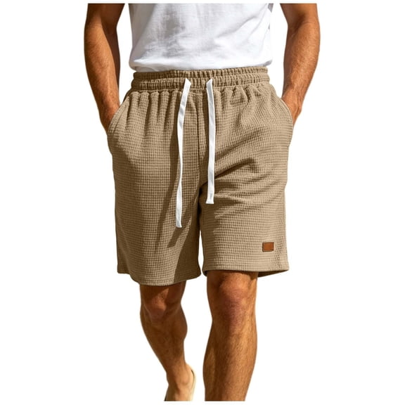 hlysgo Mens Summer Shorts Elastic Waist Waffle Lightweight Shorts Summer Casual Baggy Sweat Shorts with Pockets Khaki,M