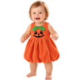 thumbnail image 5 of Toddler Girls Pumpkin Sleeveless Bubble Dress, Jack-o'-Lantern Face Outfit With Matching Leaf Headband Soft Fleece Halloween Costume for Party Cosplay Photo Wear(Orange1,4-5 Years), 5 of 6
