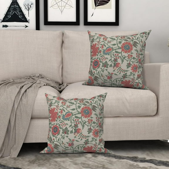 Red Floral Linen Throw Pillow Covers,Set of 2 18x18 Inch, Green Leaves Cushion Cases for Home Decor Sofa Couch Living Room Car