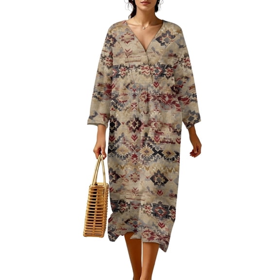 DISNIMO Aztec Tribal Print Womens Casual Maxi Dresses Linen Style Loose Fit Dress V Neck 3/4 Sleeve Shift Dress Fashion Long Dresses for Women, S