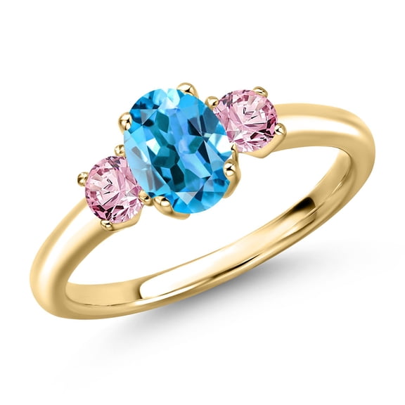 Gem Stone King 10K Yellow Gold Swiss Blue Topaz and Pink Lab Grown Diamond Engagement Ring for Women | 1.36 Cttw | Oval 7X5MM | Gemstone November Birthstone | Size 9