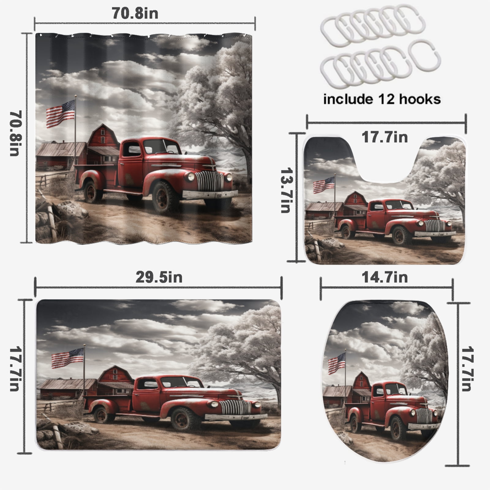 Antique Truck 4 Piece Shower Curtain Sets Vintage Wooden Red Barn American Old Car Rustic Farmhouse with Toilet Lid Cover and Bath Mat, Waterproof Shower Curtain with 12 Hooks, 72x72 Inch