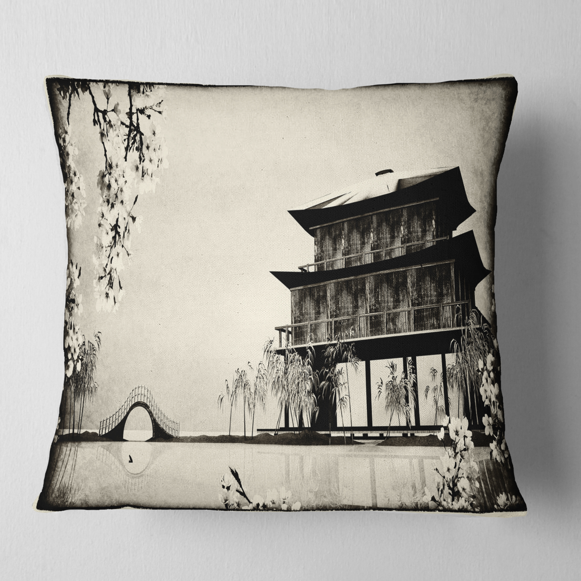 Designart Chinese Ink Painting - Chinese Landscape Printed Throw Pillow - 16x16