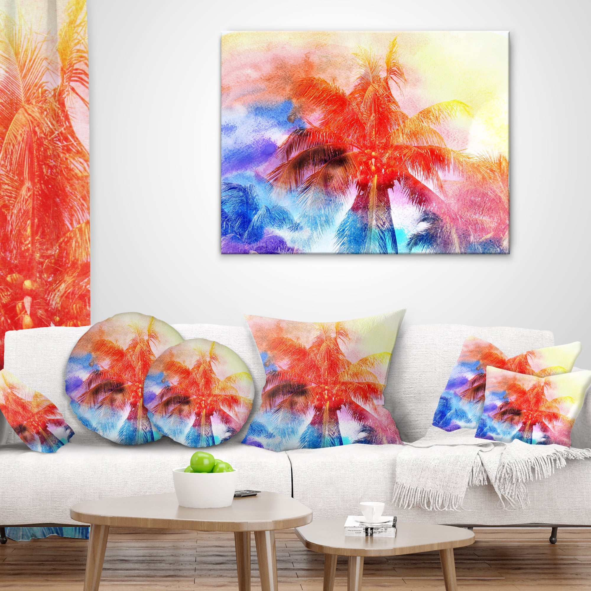 Designart Retro Palms Red Watercolor - Trees Painting Throw Pillow - 16x16