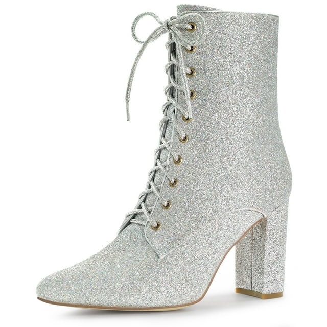 Unique Bargains Women's Pointy Toe Block Heel Glitter Ankle Boots