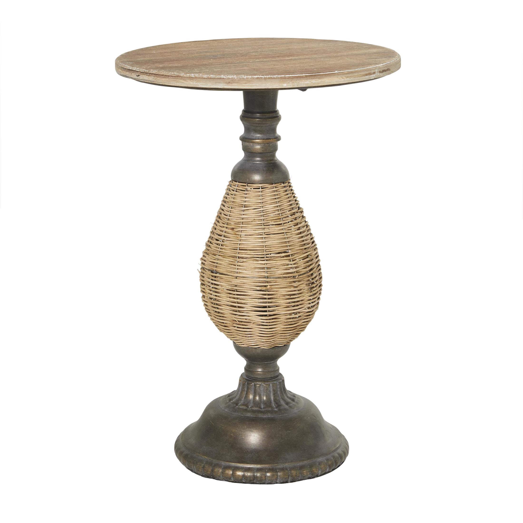DecMode 15" x 22" Brown Wood Accent Table with Black Metal and Rattan Base, 1-Piece