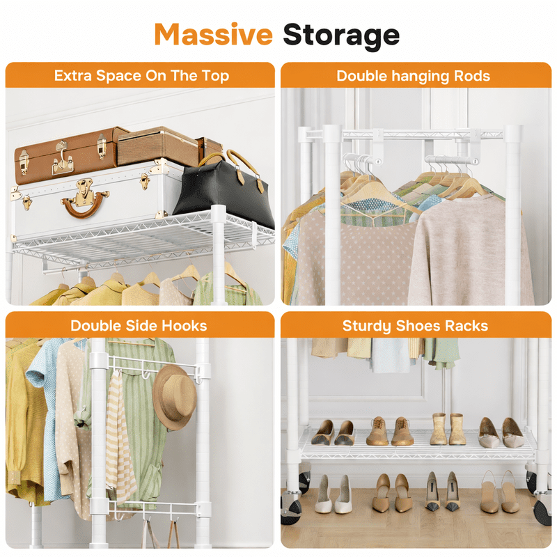 Simple Deluxe Rolling Clothes Rack, Heavy Duty Clothing Rack, 3-Shelf Portable Adjustable Wardrobe Closet with Wheels, Hanging Rods & Side Hooks, 29.5" W x 15.7" D x 75.6" H, White