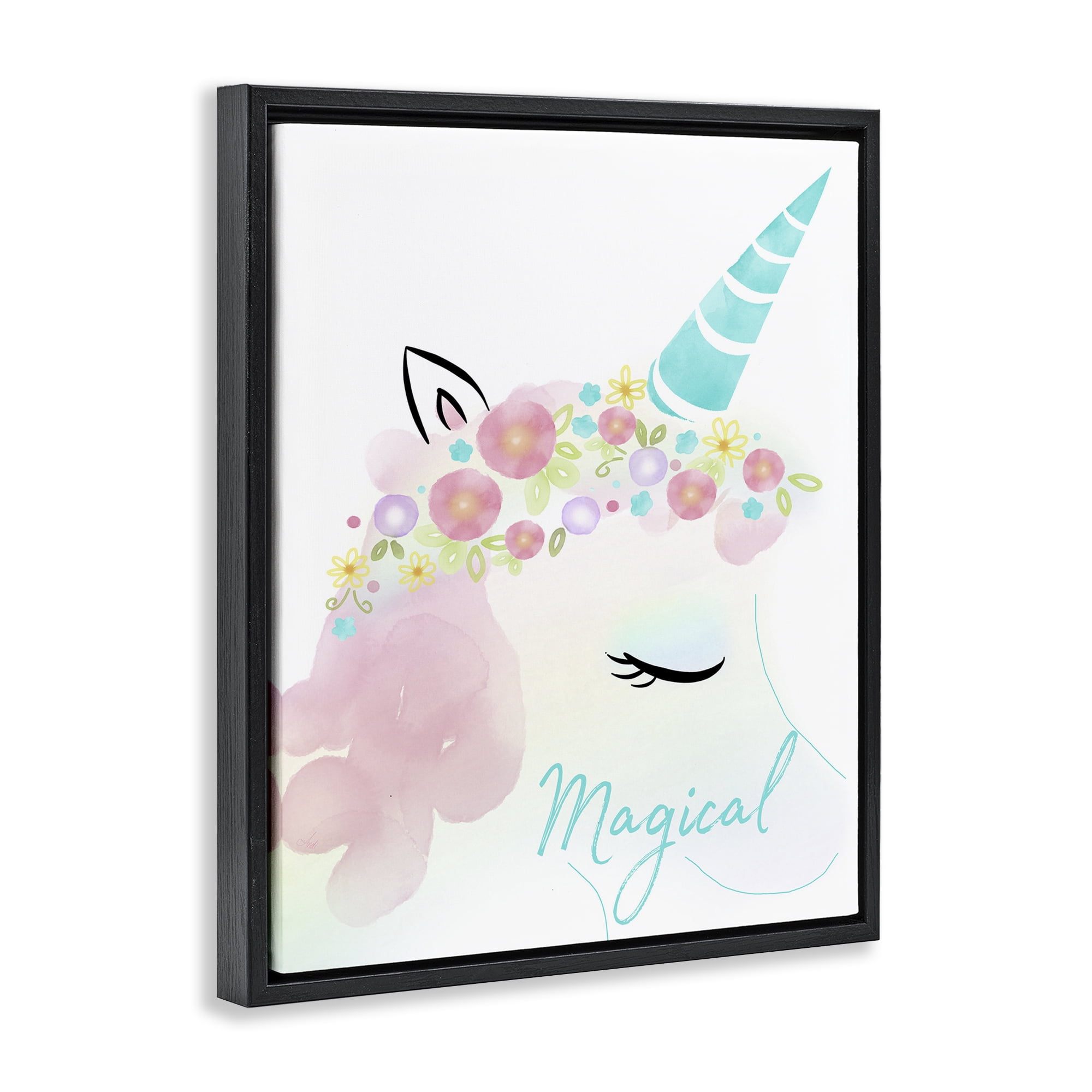 Stupell Industries Magical Floral Unicorn Fairy Tales & Fantasy Painting Black Floater Framed Art Print Wall Art, 25 x 31