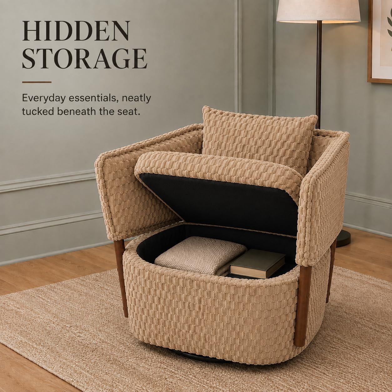 MOONIMSS 360°Swivel Accent Chair, Corduroy Vanity Chair with Storage,Coffee