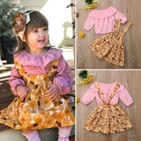 

New Toddler Kids Baby Girl Top T-shirt Flower Suspender Skirt Dress Outfit Autumn