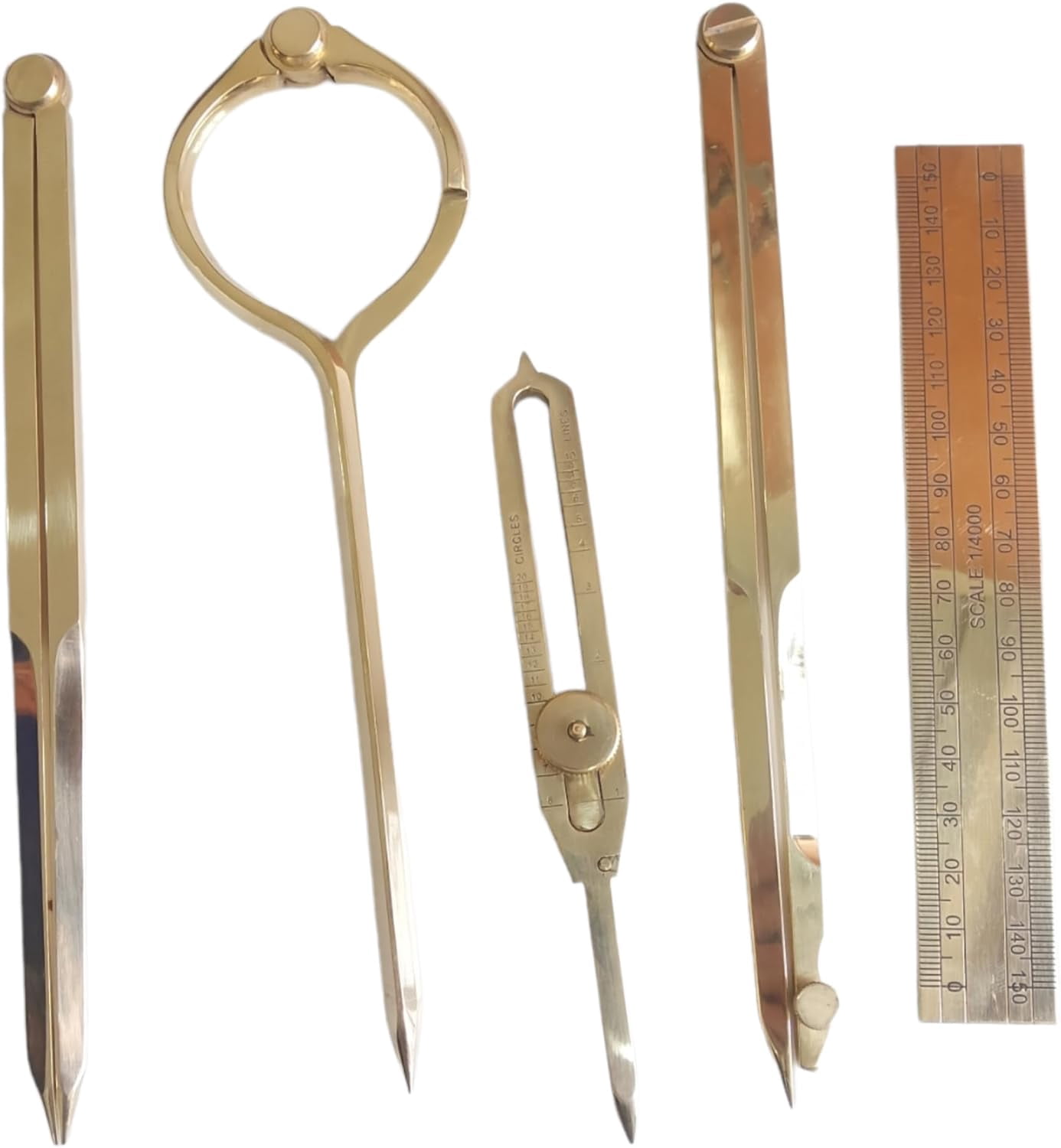Proportional Divider Set of 5, Full Brass dividers with Executive Handmade Leather Roll Tools Bag, Single Handed 8" Brass Navigation Dividers Compass Set for Maritime, Naval, Geometry and Drafting.